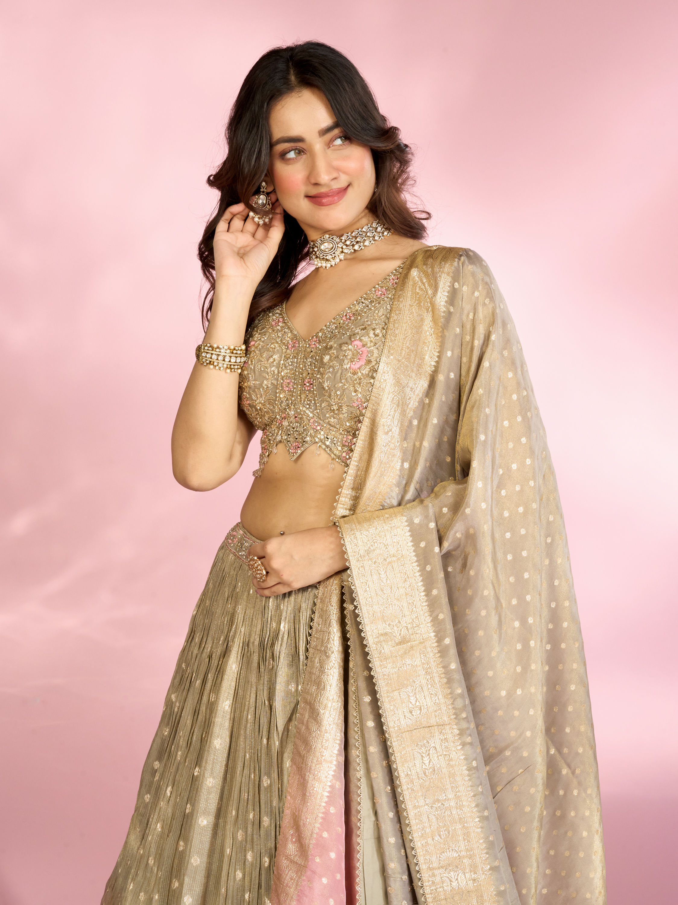 Mohey Women Elegant Grey Peach Lehenga