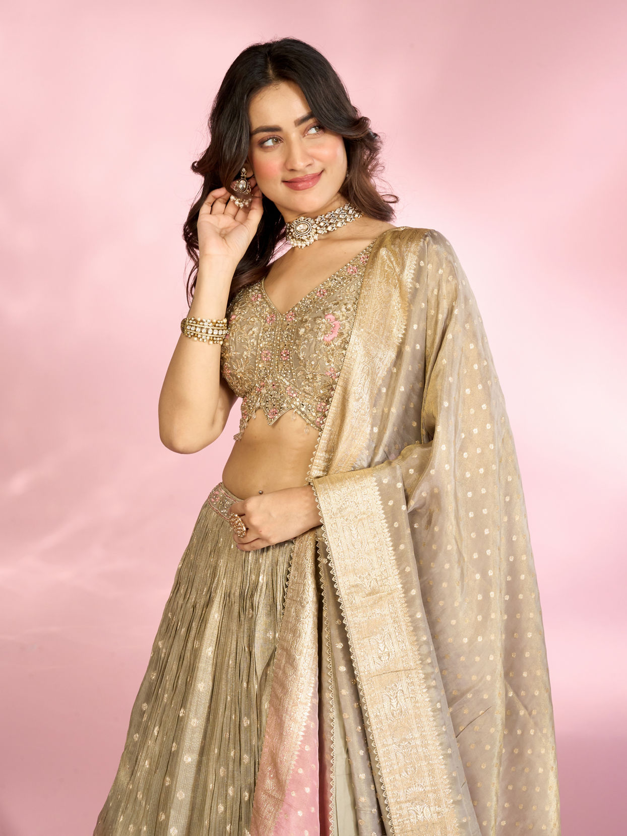 Mohey Women Elegant Grey Peach Lehenga