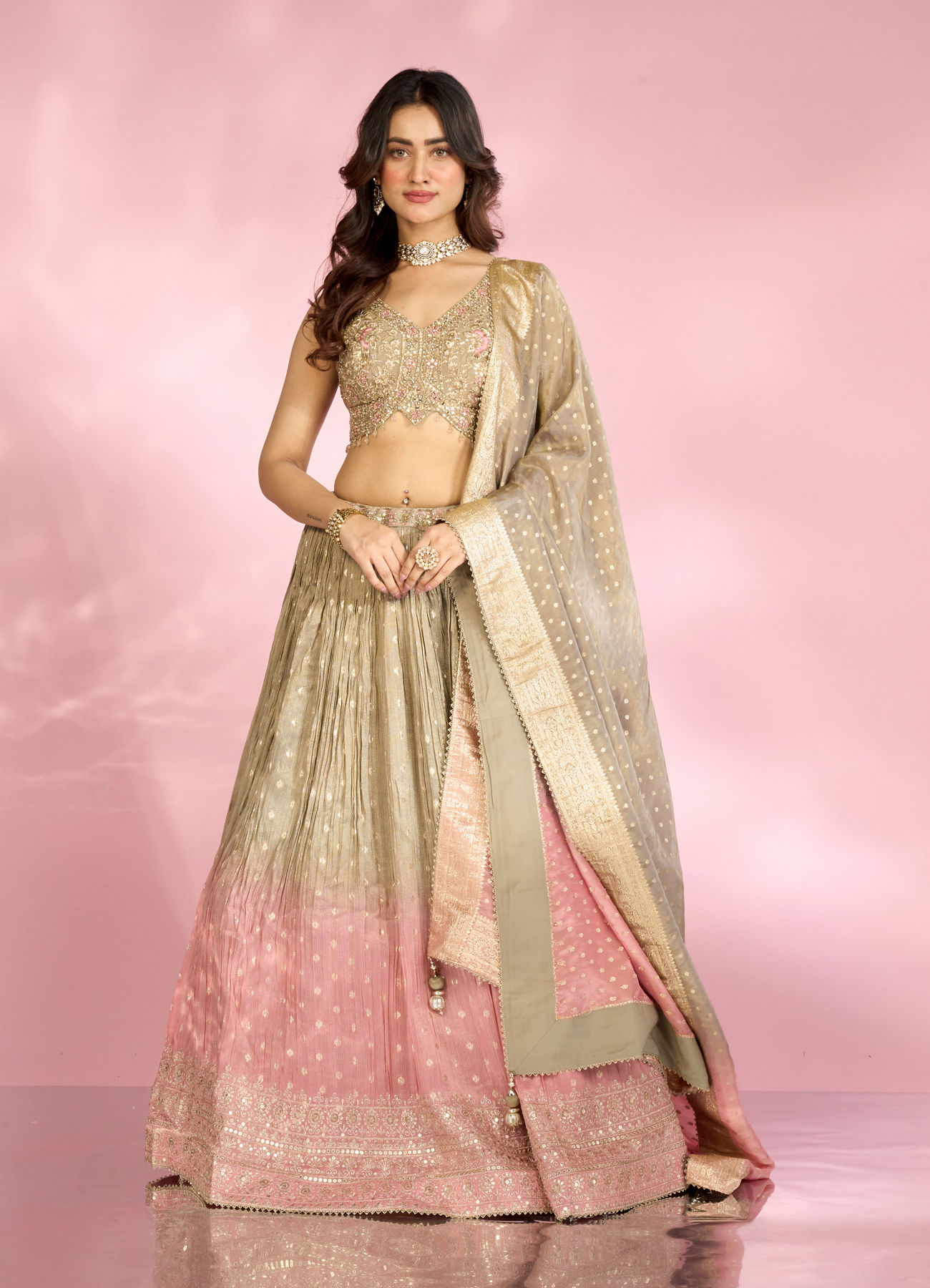 Mohey Women Elegant Grey Peach Lehenga
