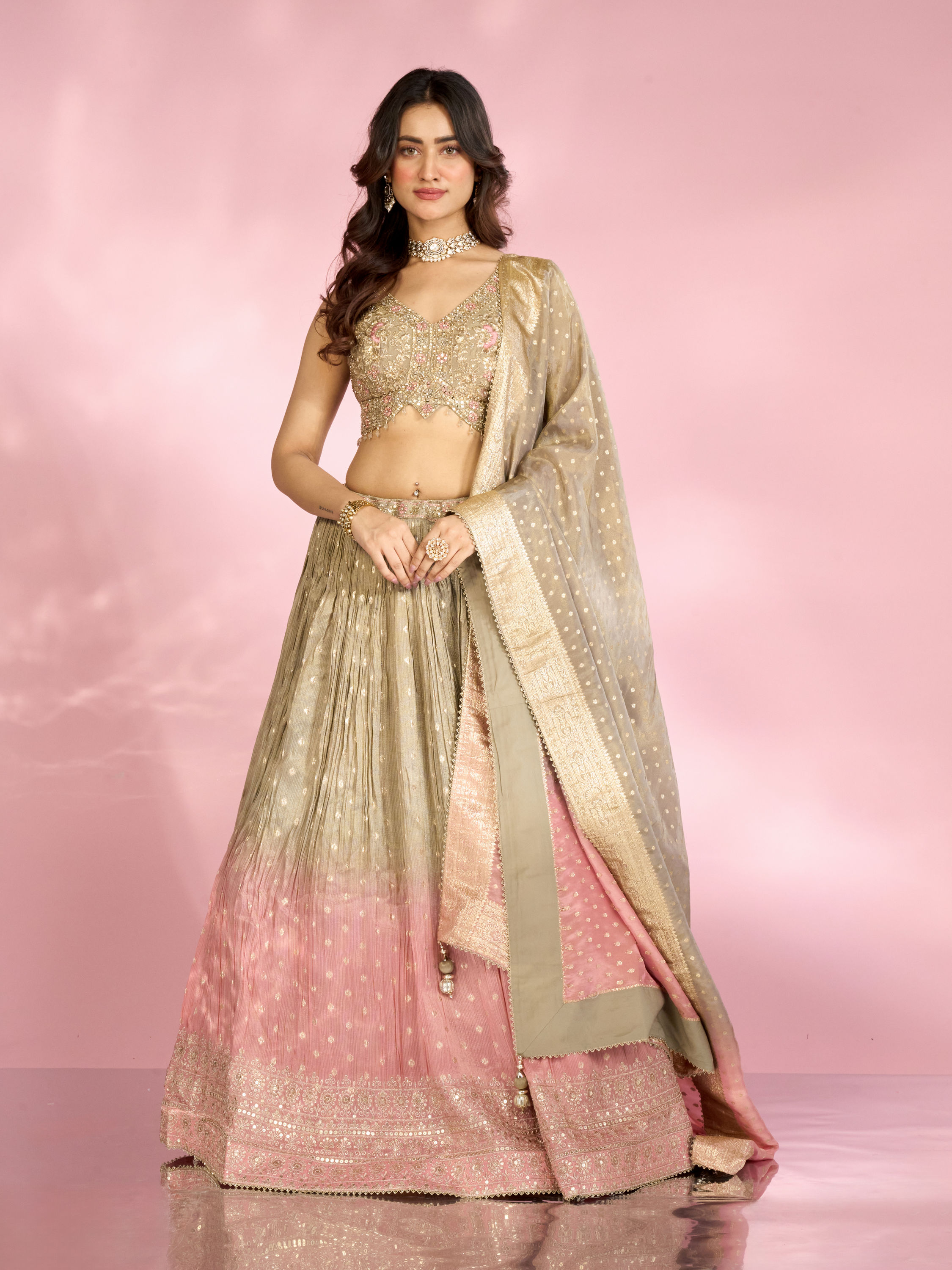 Mohey Women Elegant Grey Peach Lehenga