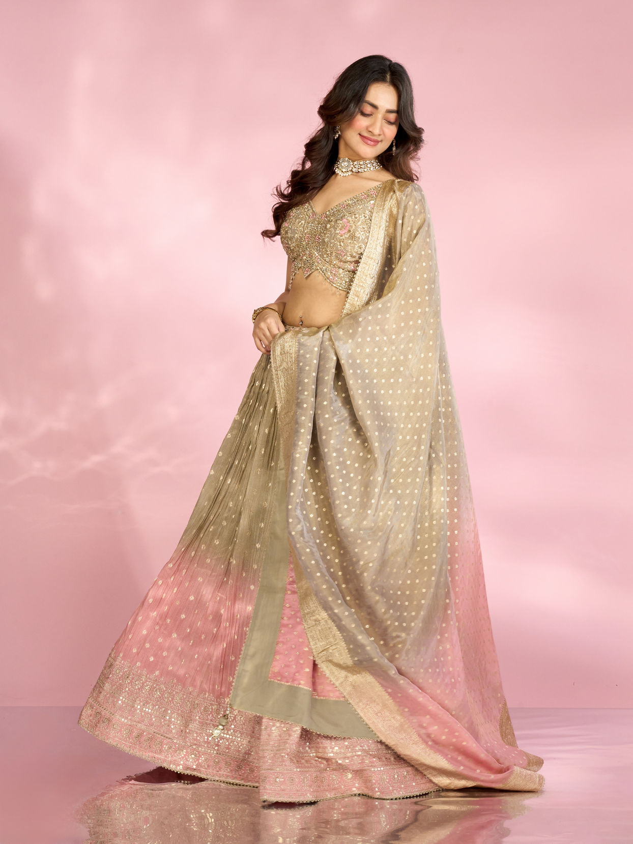 Mohey Women Elegant Grey Peach Lehenga
