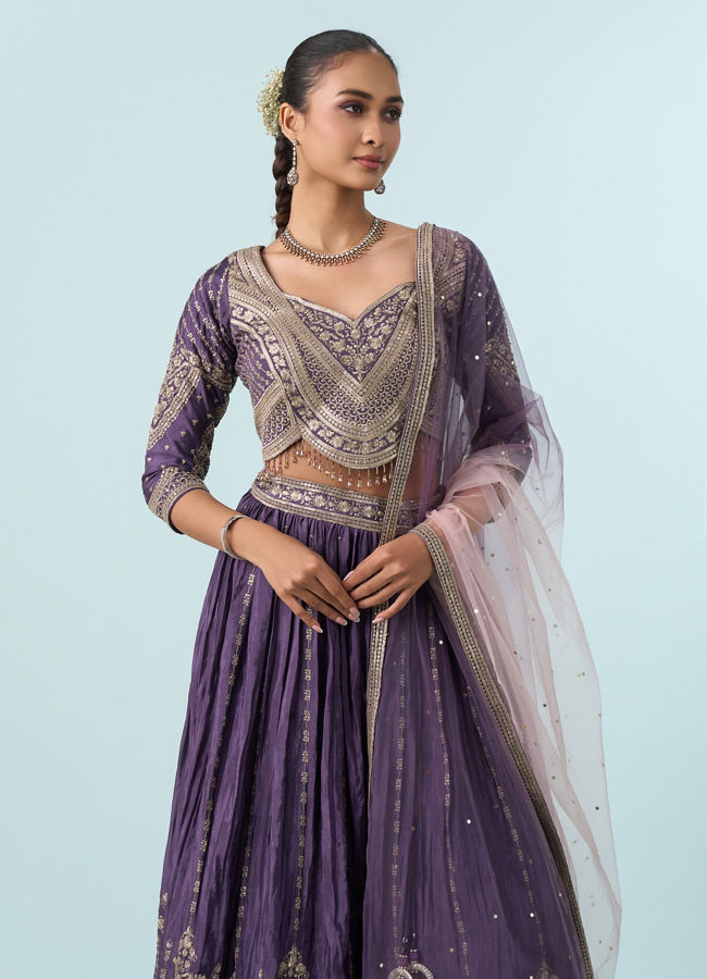 Mohey Women Regal Purple Chinon Lehenga