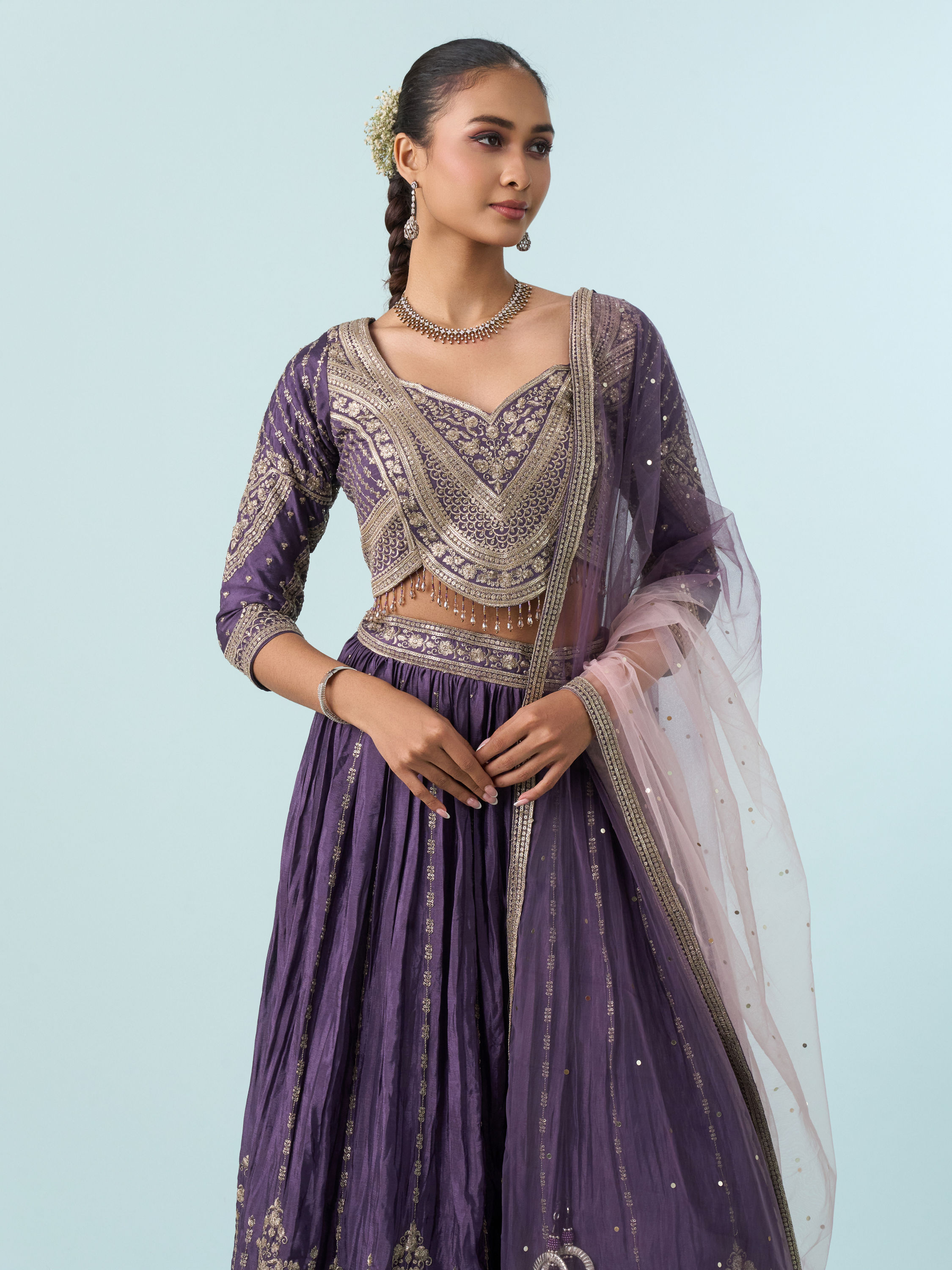 Mohey Women Regal Purple Chinon Lehenga