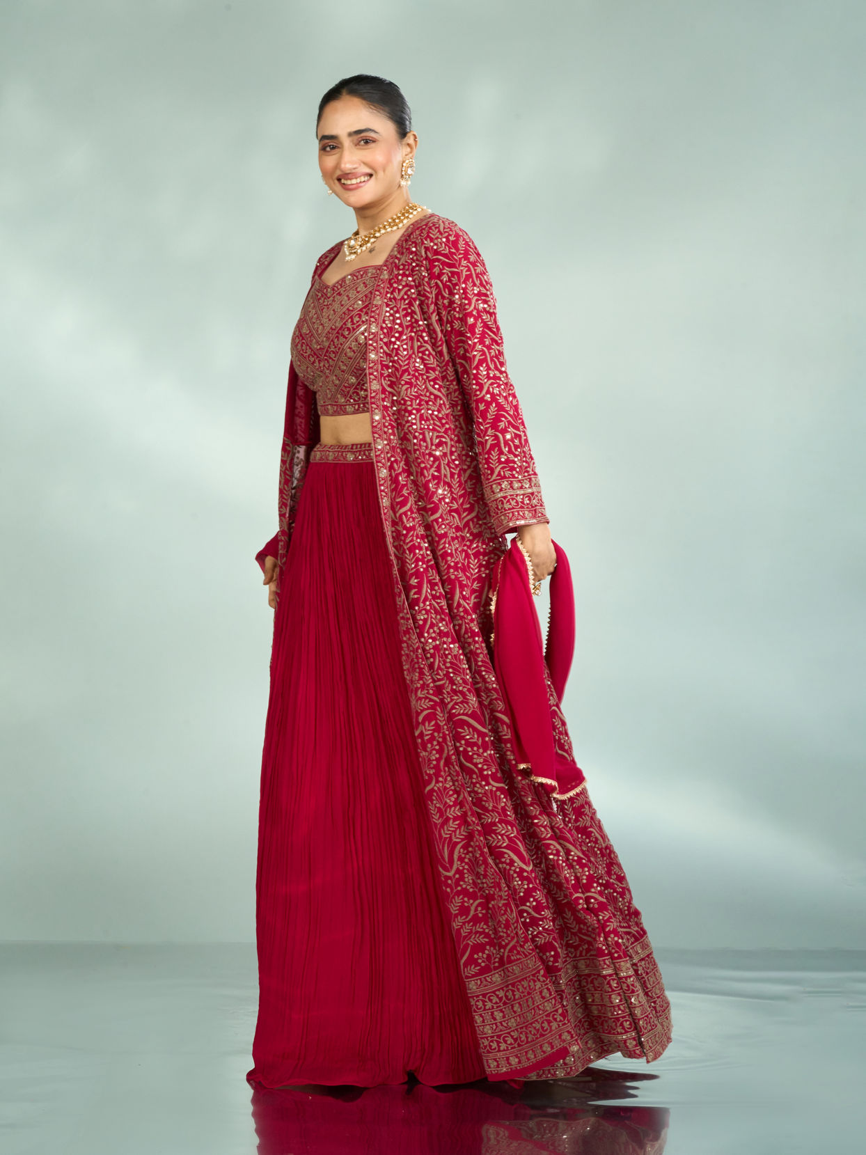 Mohey Women Pink Georgette Four piece Ensemble Indo Western