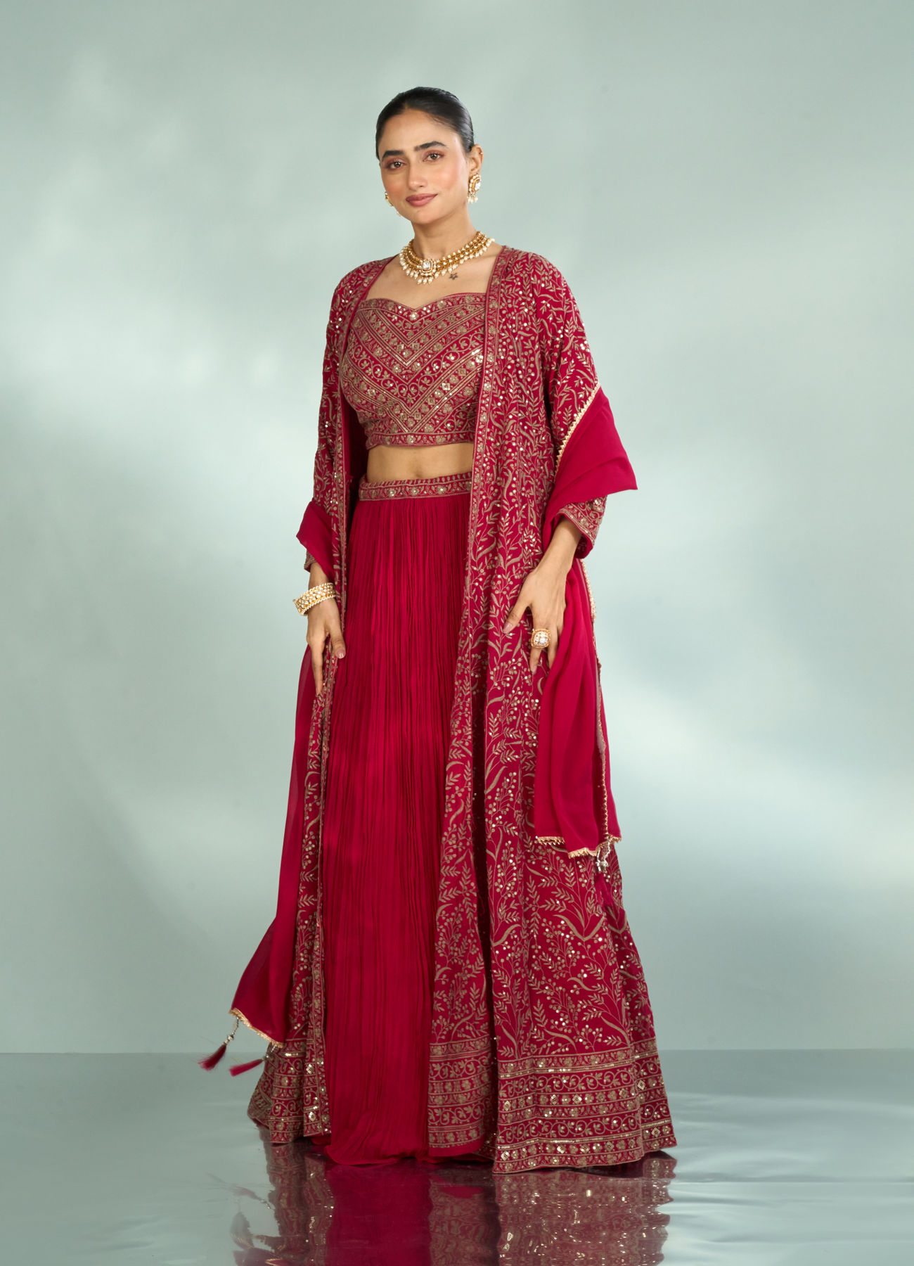 Mohey Women Pink Georgette Four piece Ensemble Indo Western