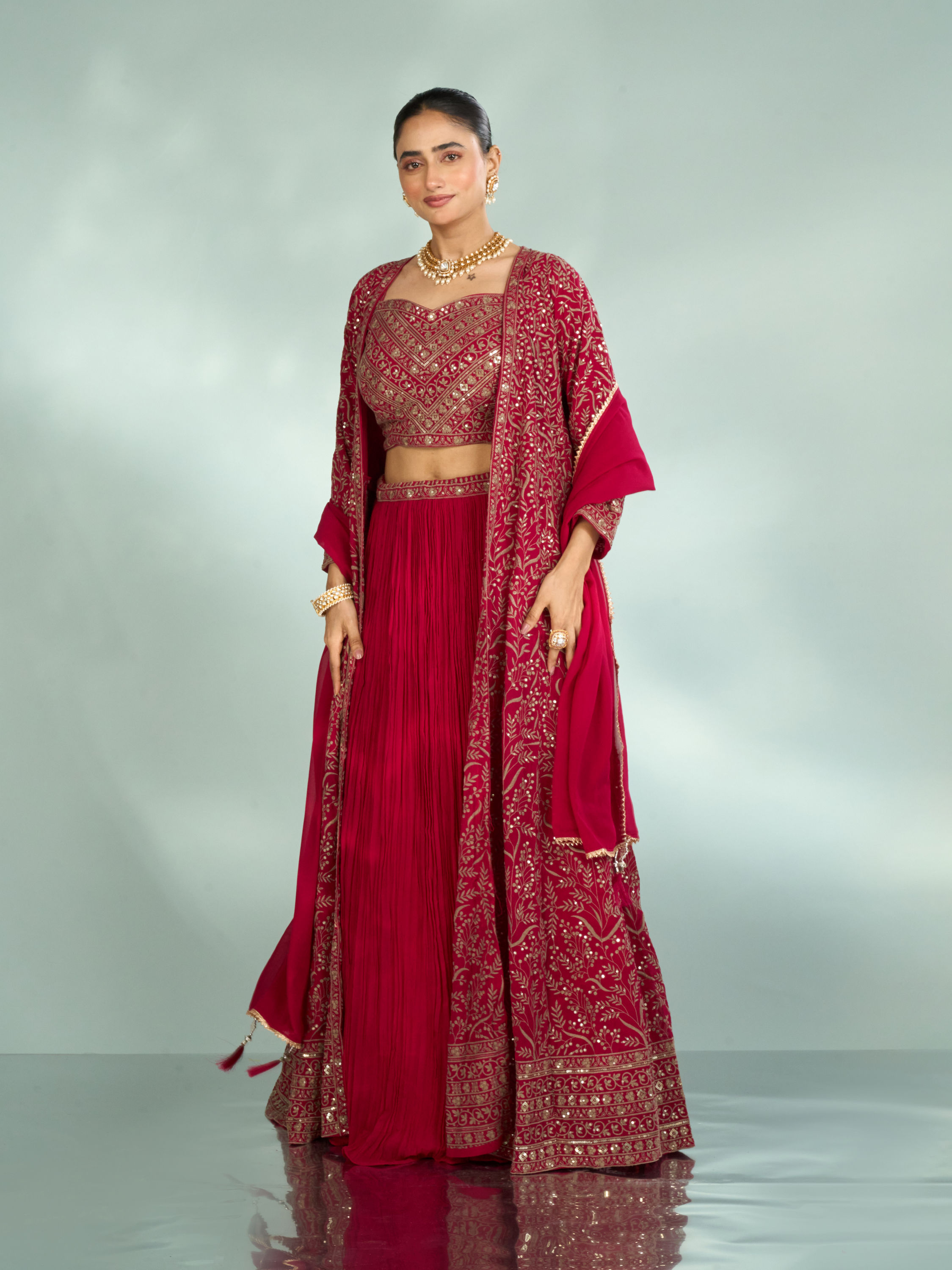 Mohey Women Pink Georgette Four piece Ensemble Indo Western