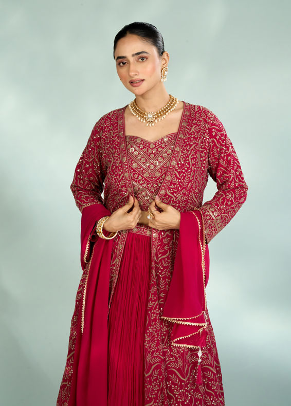 Mohey Women Pink Georgette Four piece Ensemble Indo Western