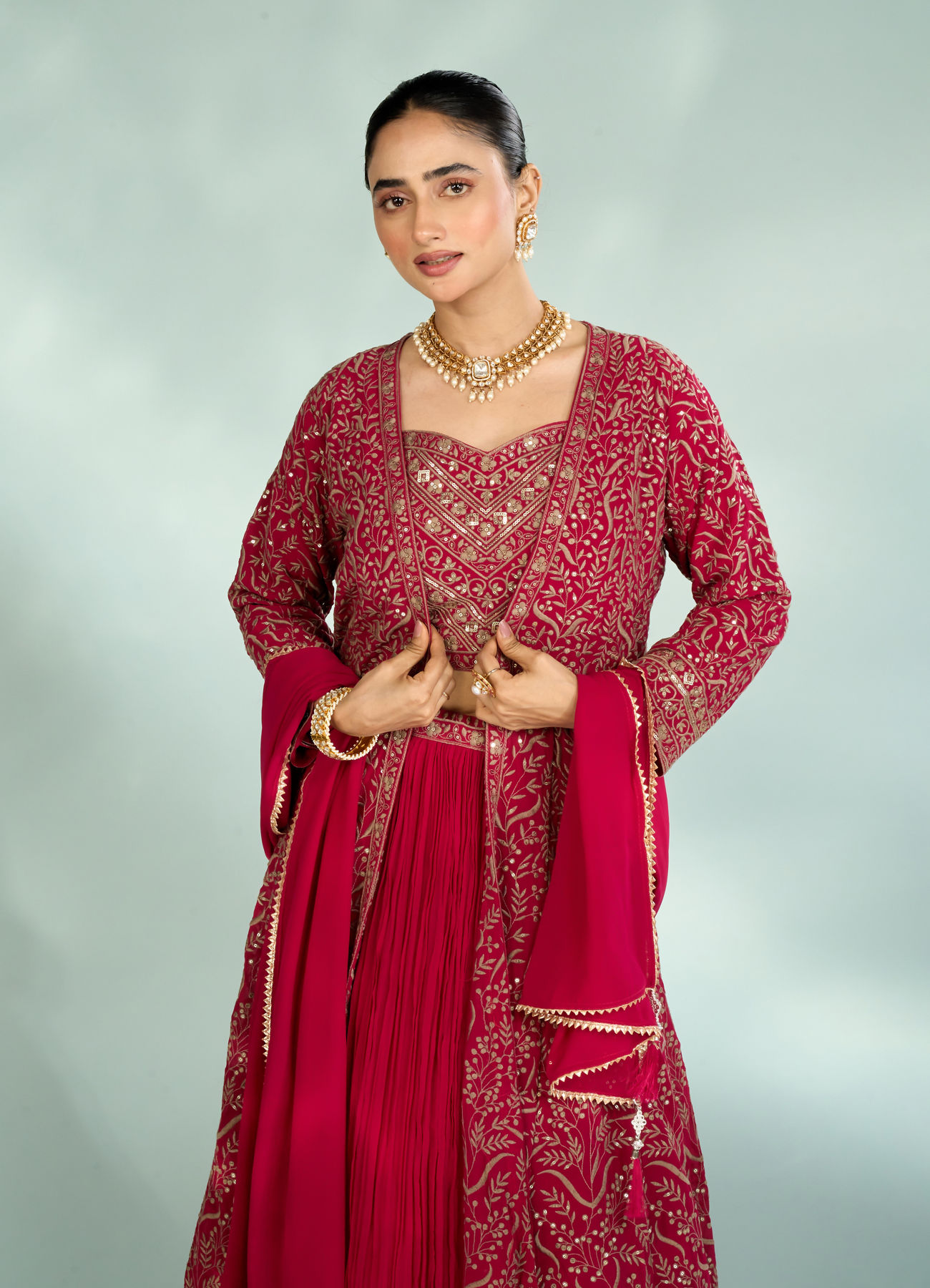Mohey Women Pink Georgette Four piece Ensemble Indo Western