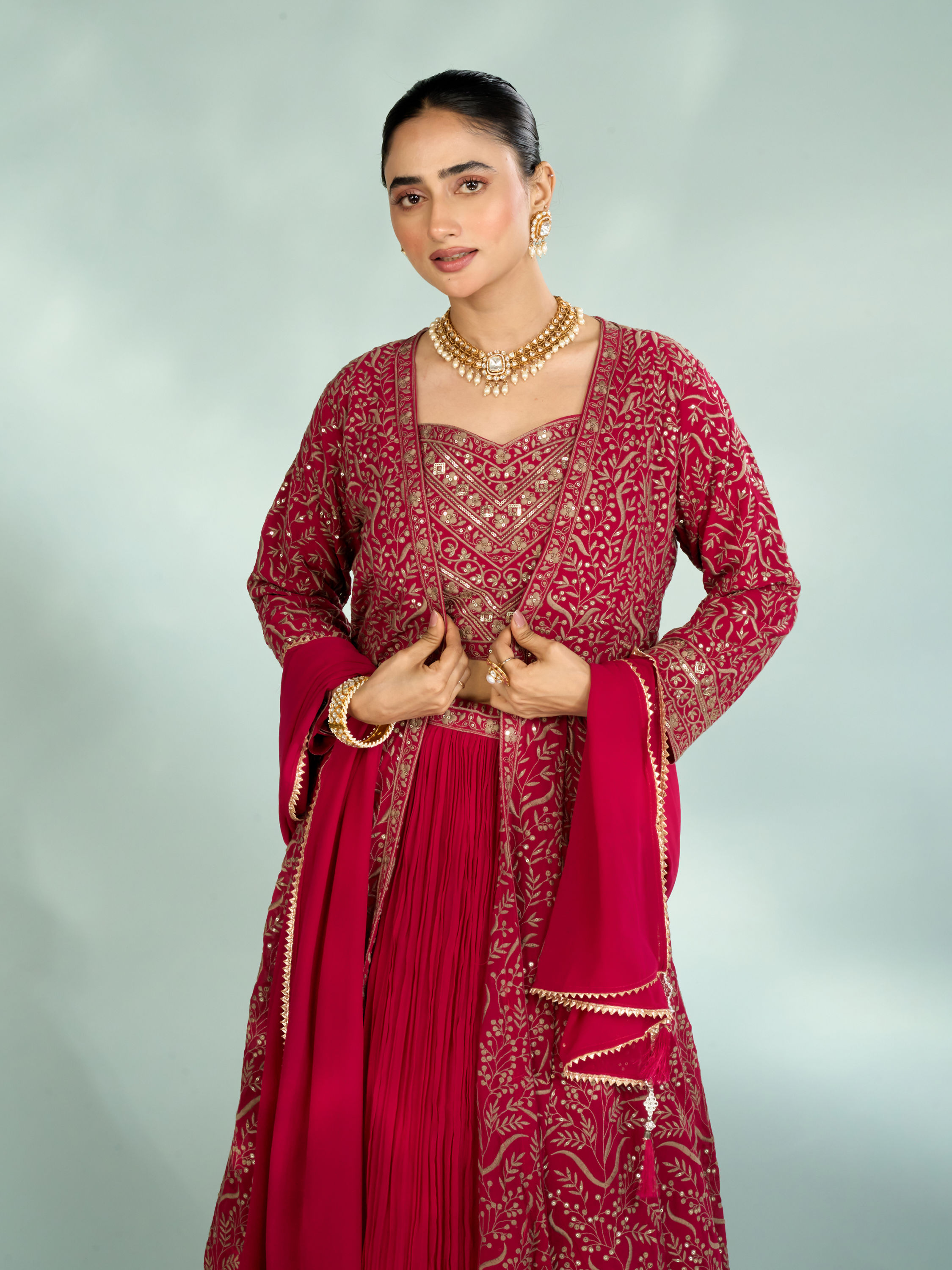 Mohey Women Pink Georgette Four piece Ensemble Indo Western