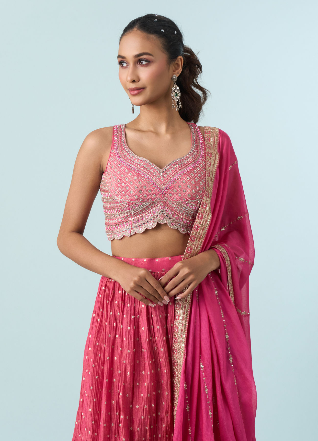 Mohey Women Elegant Pink Tissue Lehenga
