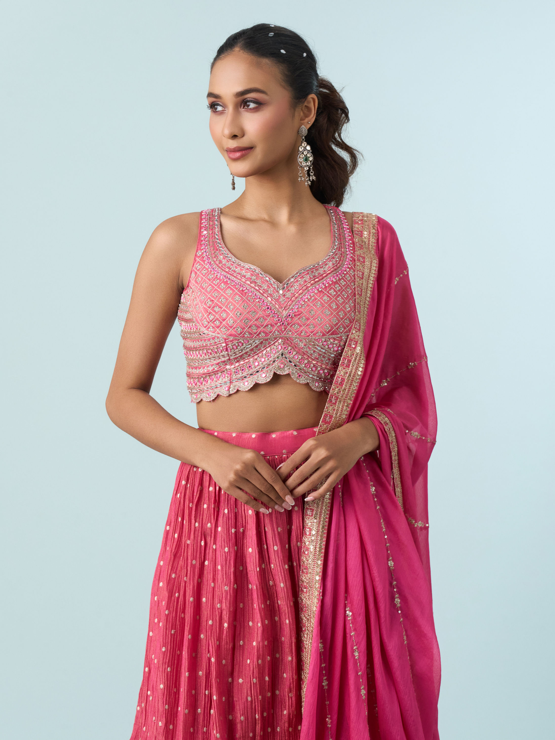 Mohey Women Elegant Pink Tissue Lehenga