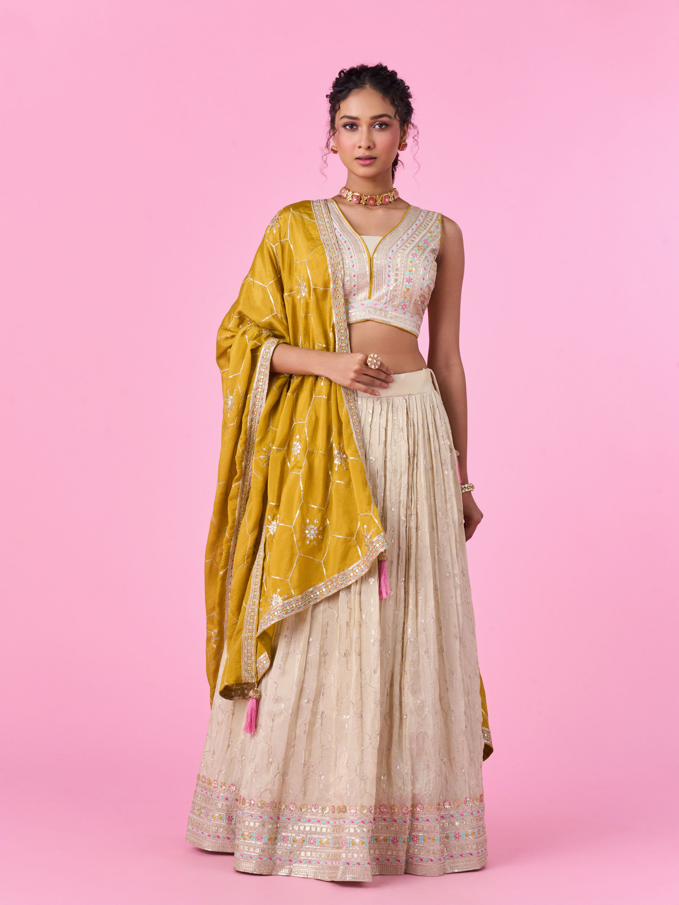 Mohey Women Elegant Beige Tissue Lehenga
