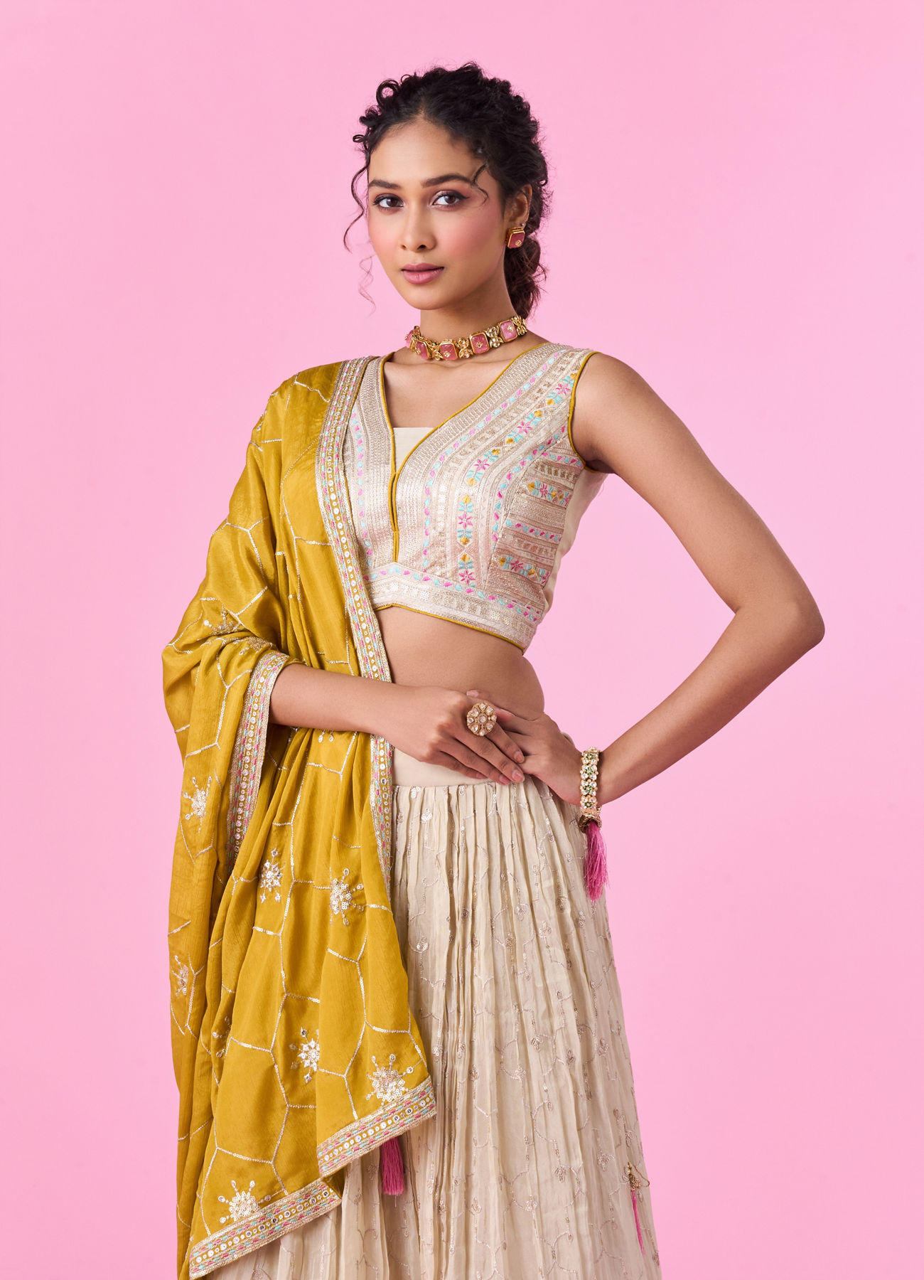 Mohey Women Elegant Beige Tissue Lehenga