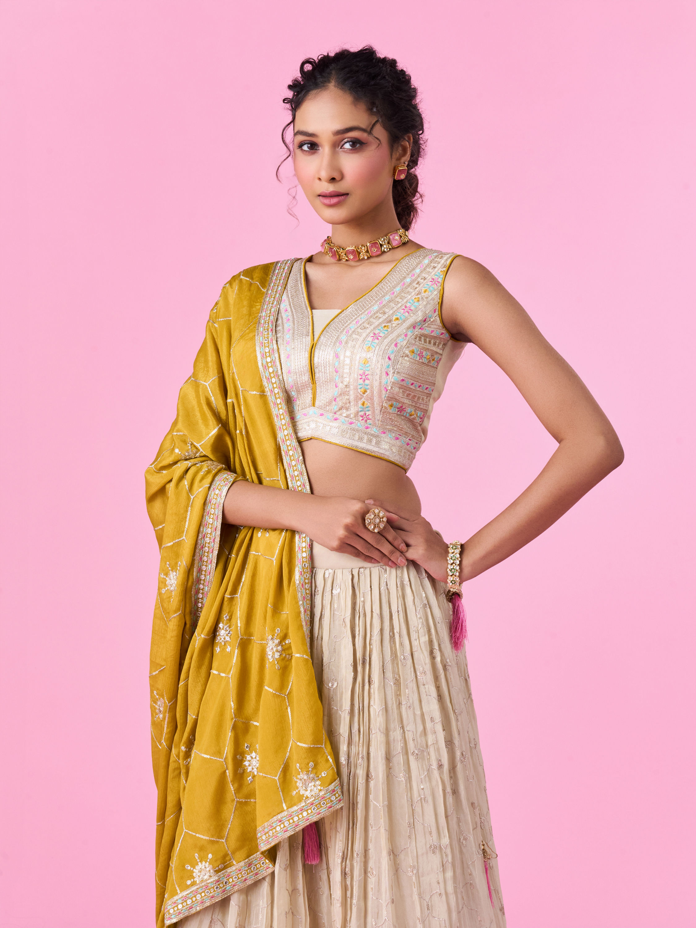 Mohey Women Elegant Beige Tissue Lehenga
