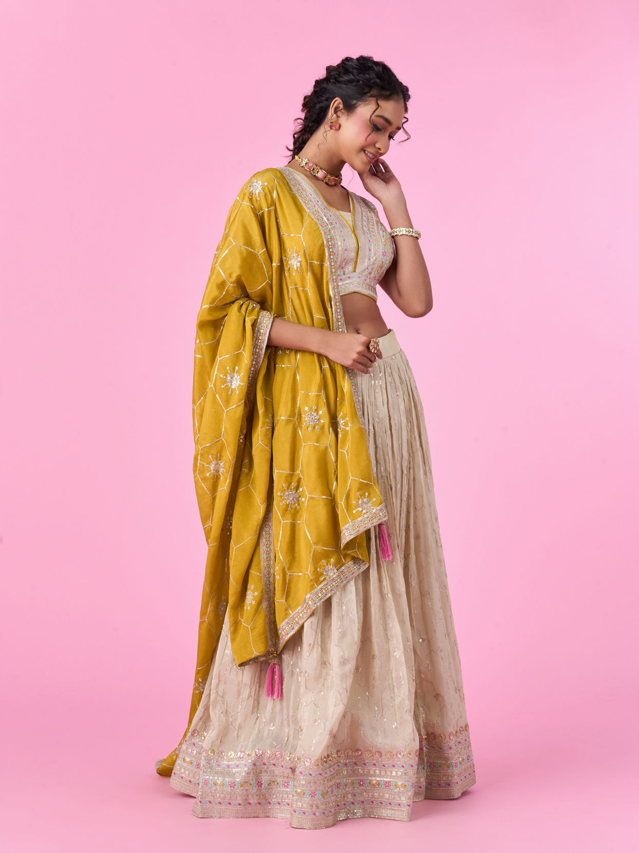 Mohey Women Elegant Beige Tissue Lehenga