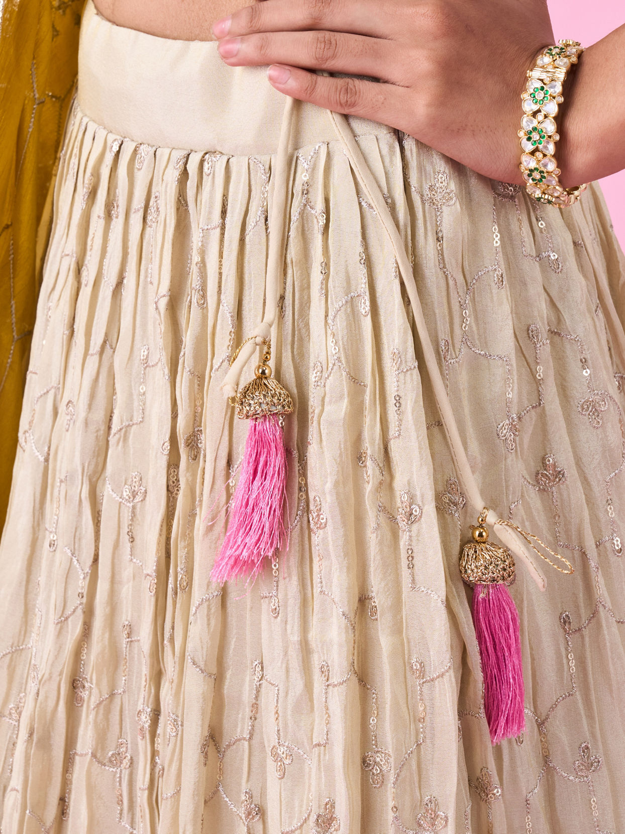 Mohey Women Elegant Beige Tissue Lehenga