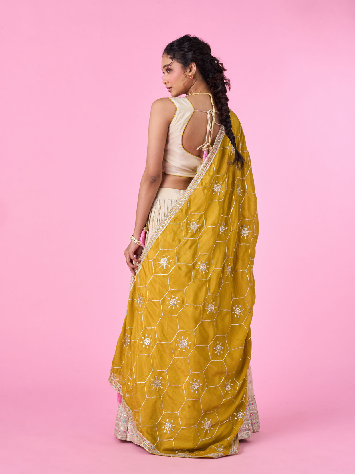 Mohey Women Elegant Beige Tissue Lehenga