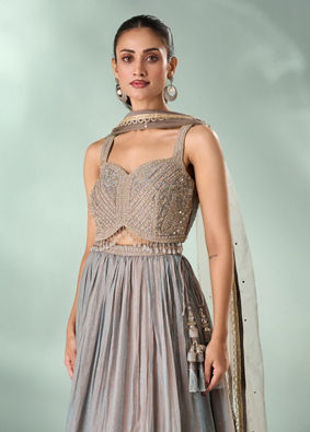 Mohey Women Grey Organza Embellished Lehenga