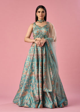 Mohey Women Light Blue Art Silk Lehenga with Hand Embroidery