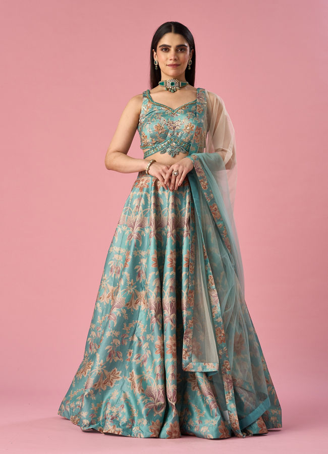 Mohey Women Light Blue Art Silk Lehenga with Hand Embroidery