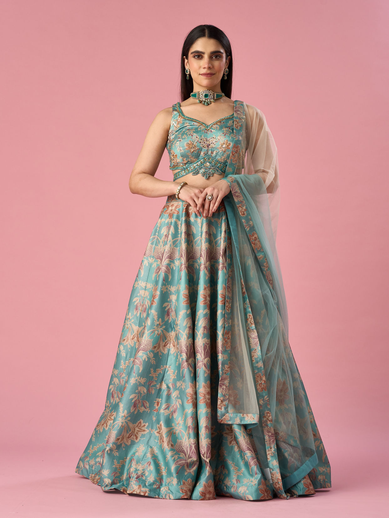 Mohey Women Light Blue Art Silk Lehenga with Hand Embroidery