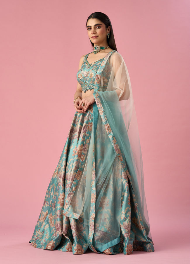 Mohey Women Light Blue Art Silk Lehenga with Hand Embroidery