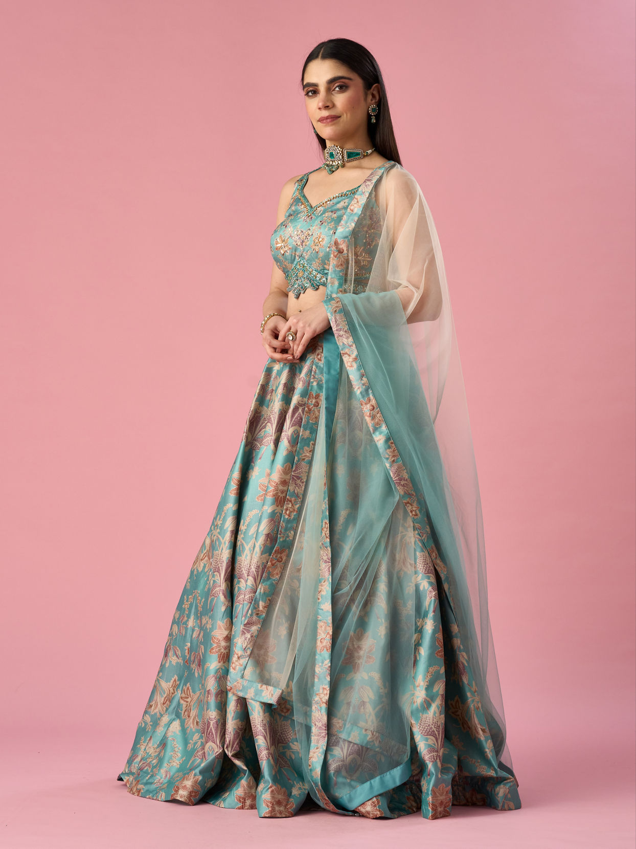 Mohey Women Light Blue Art Silk Lehenga with Hand Embroidery
