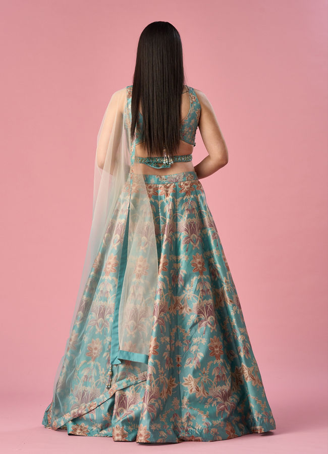 Mohey Women Light Blue Art Silk Lehenga with Hand Embroidery