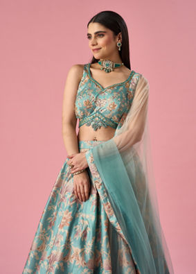Mohey Women Light Blue Art Silk Lehenga with Hand Embroidery