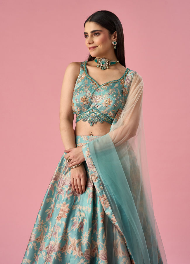 Mohey Women Light Blue Art Silk Lehenga with Hand Embroidery