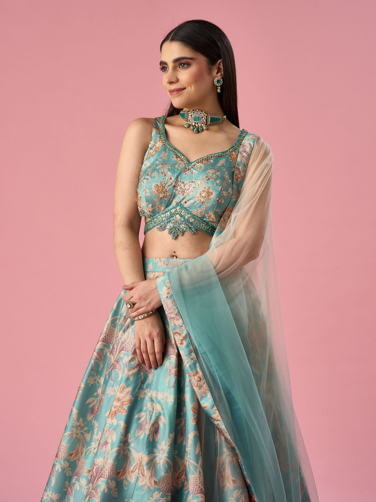 Mohey Women Light Blue Art Silk Lehenga with Hand Embroidery
