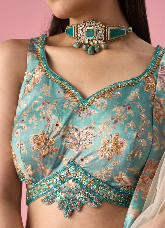 Mohey Women Light Blue Art Silk Lehenga with Hand Embroidery