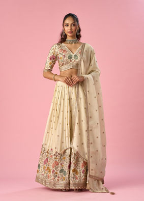 Mohey Women Cream Tissue Lehenga with Stone Work