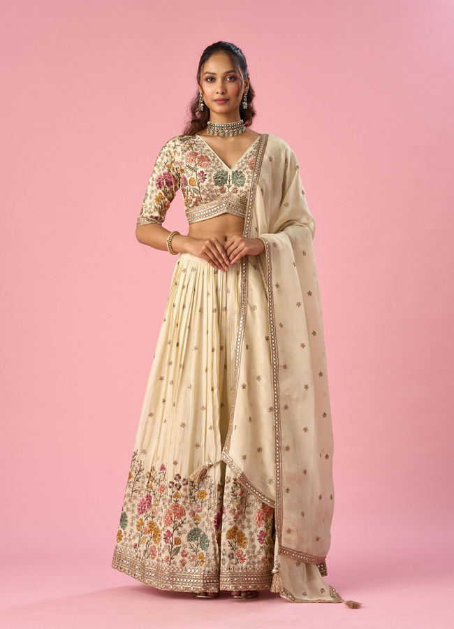 Mohey Women Cream Tissue Lehenga with Stone Work