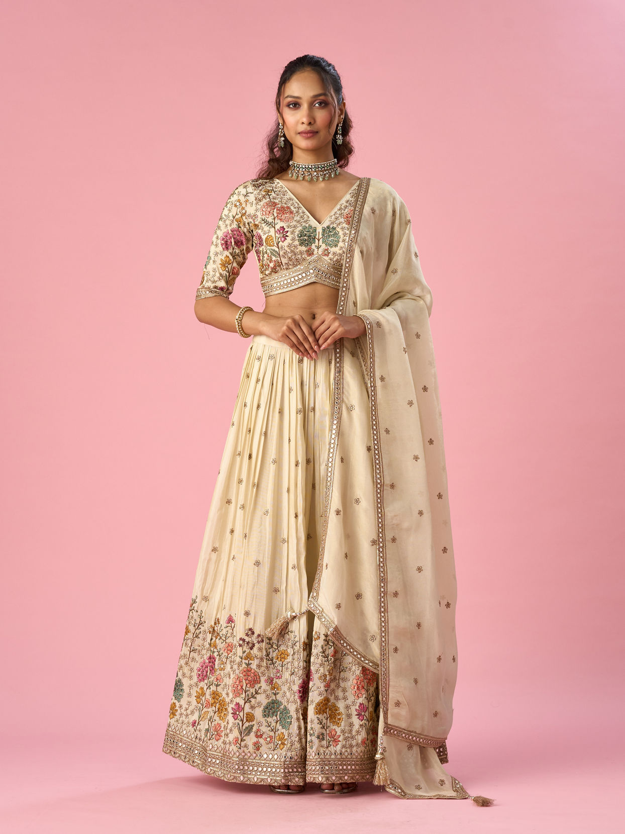 Mohey Women Cream Tissue Lehenga with Stone Work