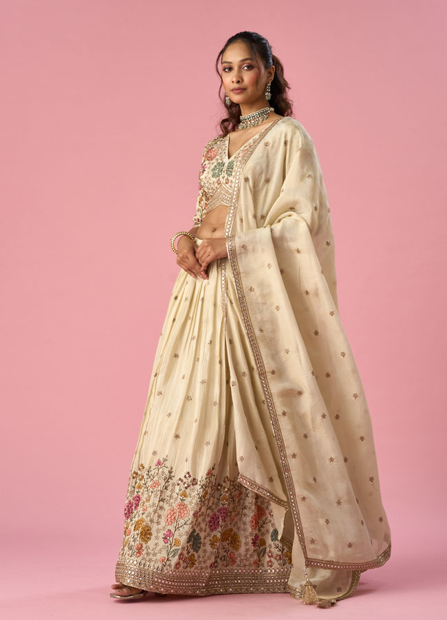 Mohey Women Cream Tissue Lehenga with Stone Work