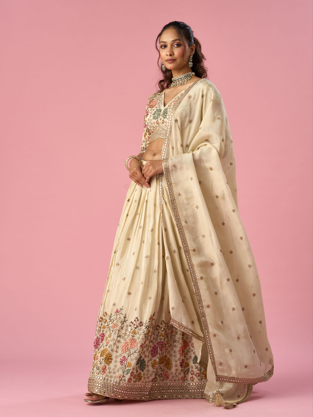 Mohey Women Cream Tissue Lehenga with Stone Work