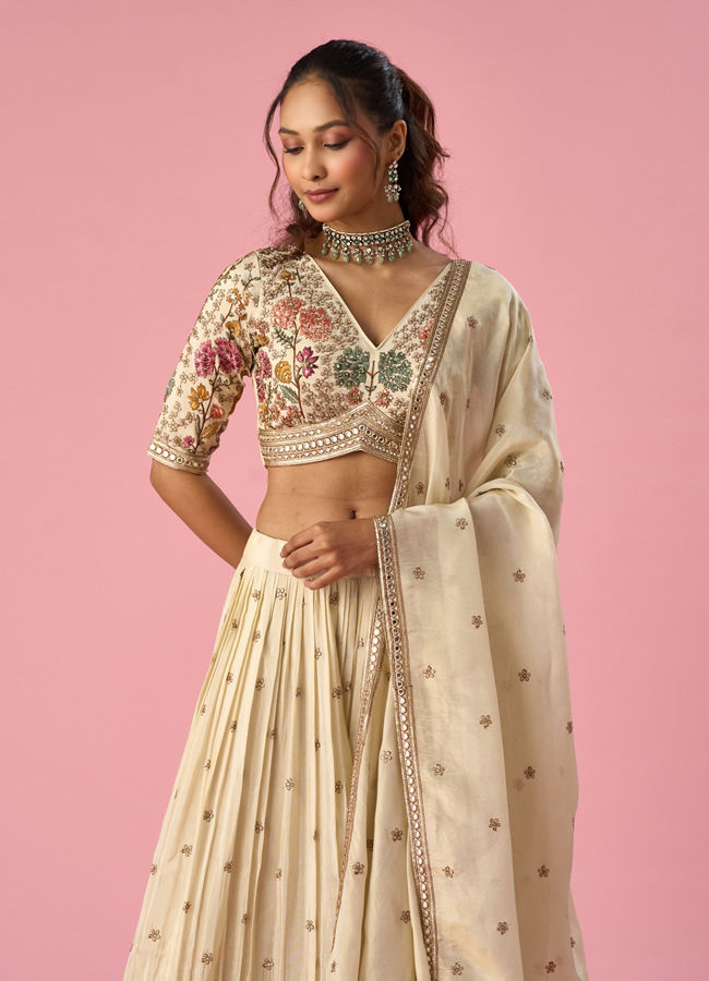 Mohey Women Cream Tissue Lehenga with Stone Work