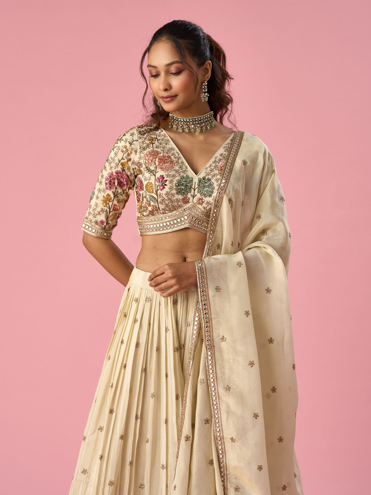 Mohey Women Cream Tissue Lehenga with Stone Work