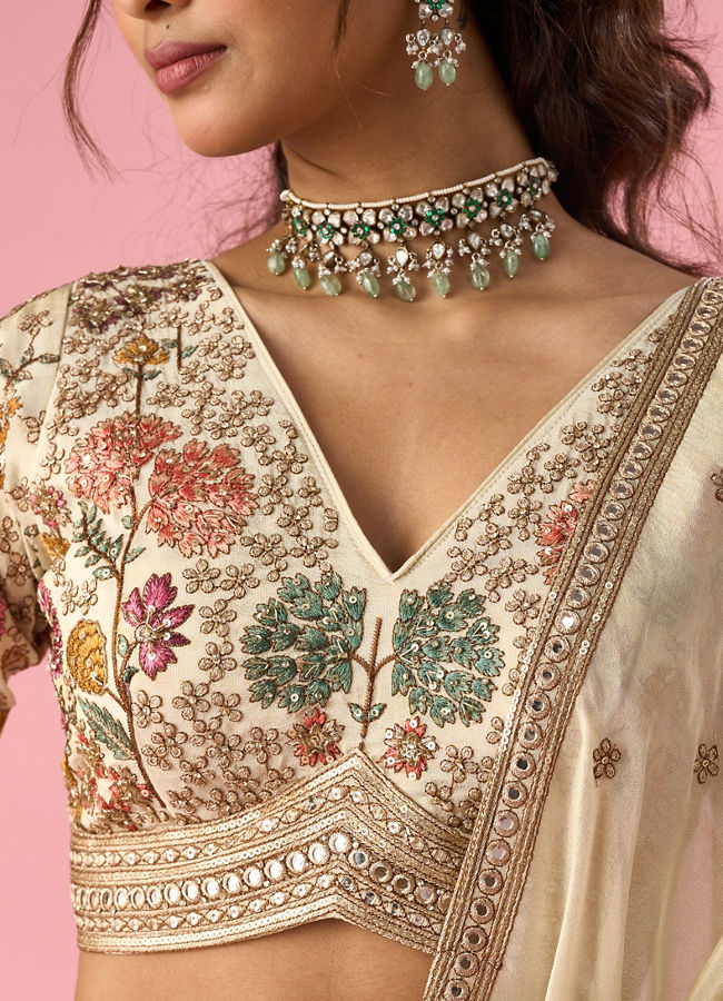 Mohey Women Cream Tissue Lehenga with Stone Work