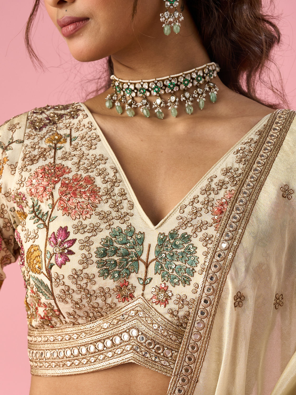 Mohey Women Cream Tissue Lehenga with Stone Work