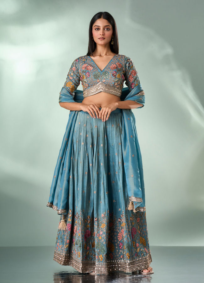 Mohey Women Light Blue Tissue Lehenga with Hand Embroidery