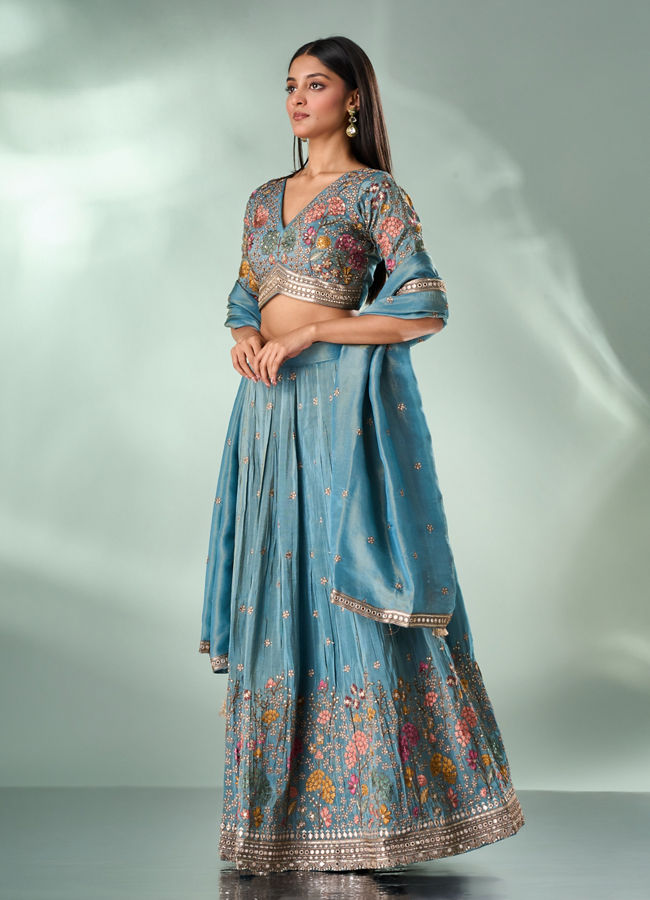 Mohey Women Light Blue Tissue Lehenga with Hand Embroidery