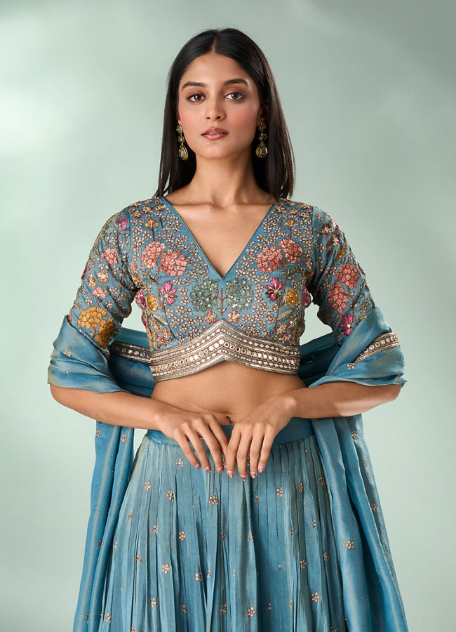 Mohey Women Light Blue Tissue Lehenga with Hand Embroidery