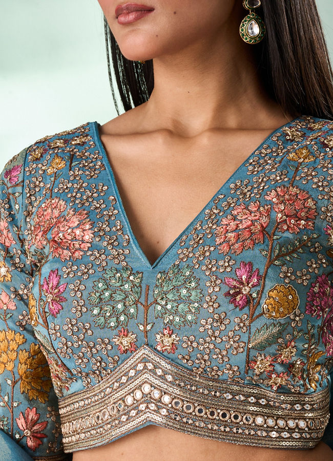 Mohey Women Light Blue Tissue Lehenga with Hand Embroidery