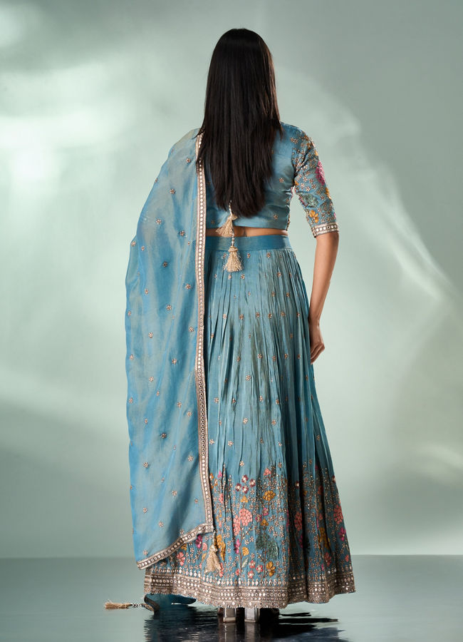 Mohey Women Light Blue Tissue Lehenga with Hand Embroidery