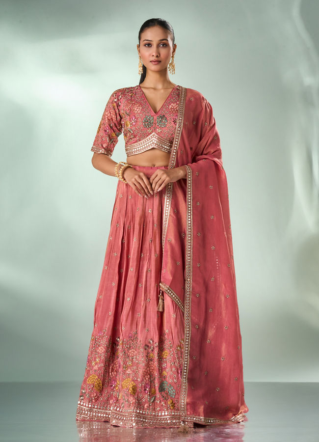 Mohey Women Dusty Pink Tissue Lehenga with Hand Embroidery