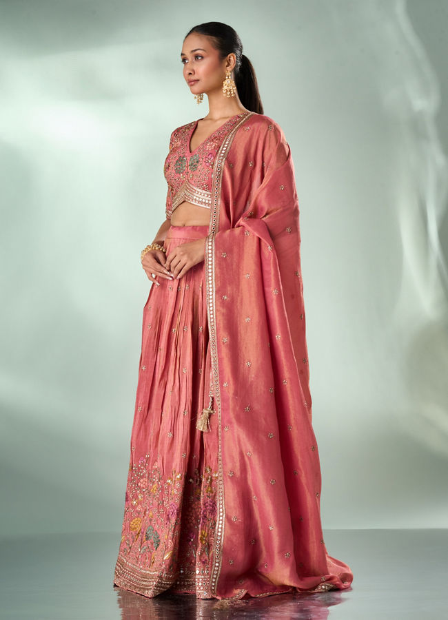 Mohey Women Dusty Pink Tissue Lehenga with Hand Embroidery