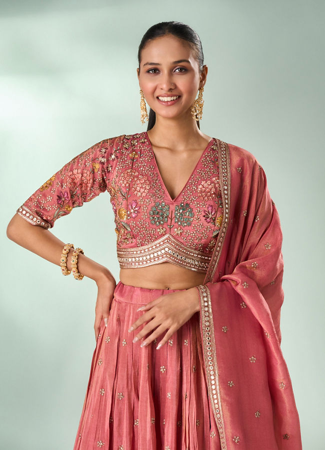 Mohey Women Dusty Pink Tissue Lehenga with Hand Embroidery