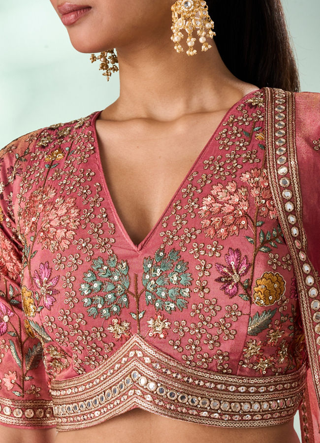 Mohey Women Dusty Pink Tissue Lehenga with Hand Embroidery